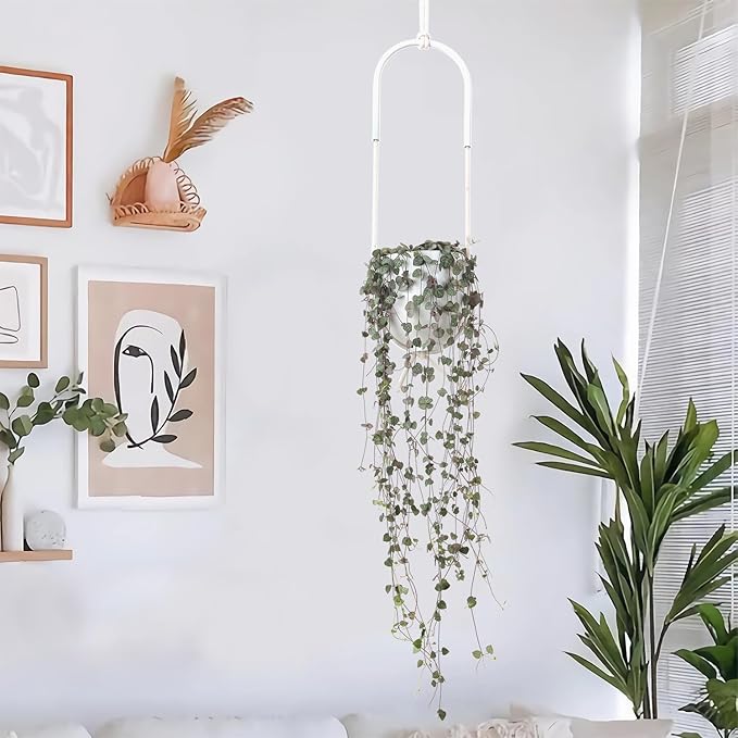 Boho Hanging Planter for Indoor Outdoor Plants Modern Wall and Ceiling Hanging Plant Basket Holder Hanger for Vines Succulents Ferns Room Decor(White)