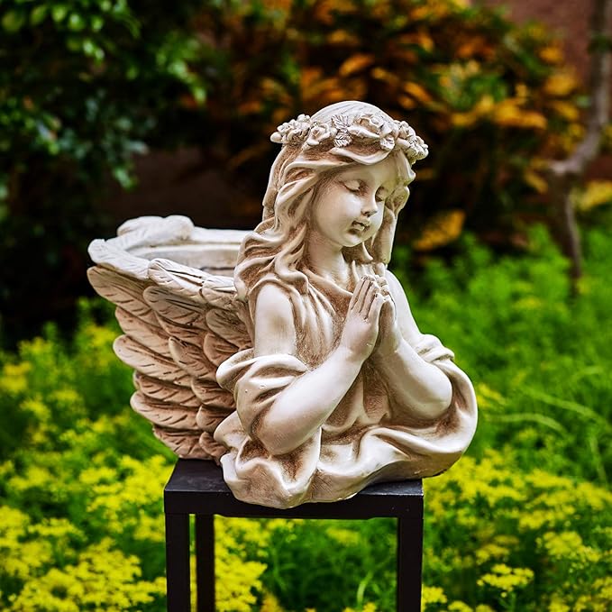 Praying Angel Bust Garden Statue Planters, Angel Wing Planters Pots Mini Vase for Patio, Lawn, Yard Art, Cemetery Grave Decoration, Resin Classical Antique, 8.26" H