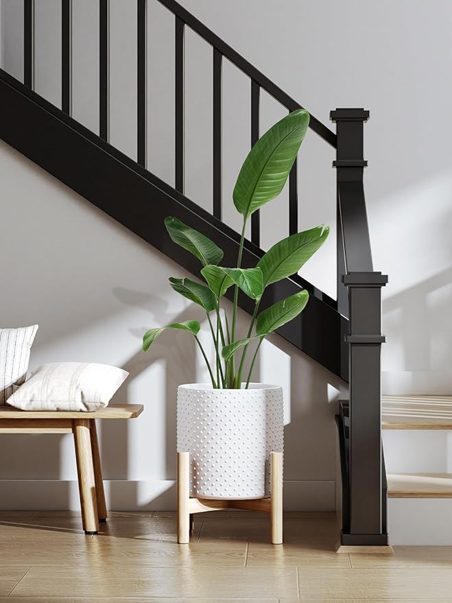 LE TAUCI Ceramic Plant Pots Indoor, 10+8+6 Inch Planters for Indoor Plants, Raised Dots Flower Pots with Drainage Hole and Plug, Cylinder Round Planters, Set of 3, White