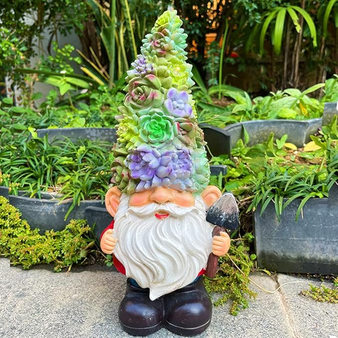 Solar Powered Gnome with Flower Hat and Shovel, Decorated Solar Light, Garden Decorations Statues, Garden Light Decor