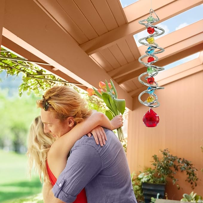 FONMY Gazing Ball Spiral Tail -Decorative Wind Spinner Sun Catcher Rainbow Maker Double-Spiral W/Red Crystal Ball and Chain Crystals for Indoor Outdoor Garden Decoration -14 inch Height