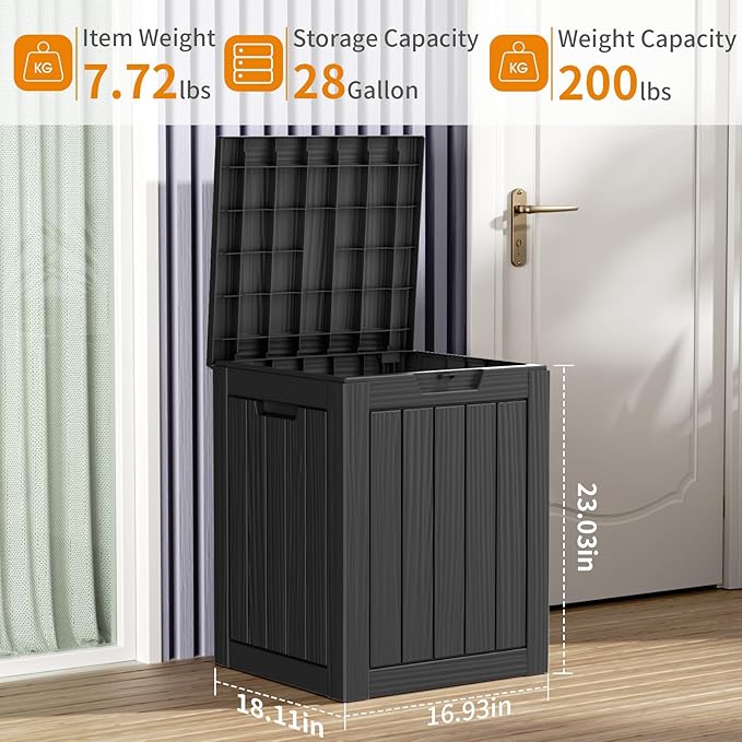 28 Gallon Outdoor Deck Box,Storage Lockable Waterproof Patio Furniture,Garden Tools,Cushions,Pool Accessories Outside Storage Resin Box(SM Black)