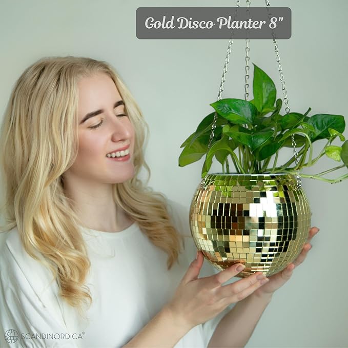 SCANDINORDICA Disco Ball Planter – Value Package: Mirror Disco Planter with Chain, Macrame Hanger and Acrylic Stand for Desk, Includes Self Watering Insert, Disco Decor | 8 inch Gold