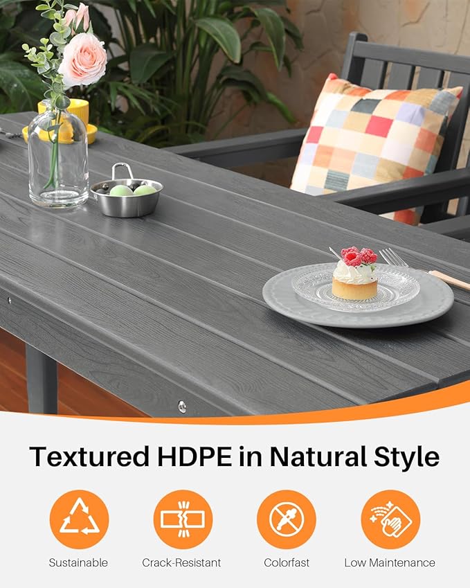 3 Pieces HDPE Outdoor Patio Bar Set, Rectangular Bar Height Table and Chairs Set, Patio Bar Stools Set, HDPE Outdoor Bar Table and Chairs Set for Balcony, Poolside, Porch, Smoke Gray