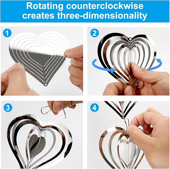 12 Metal Heart Bird Scarer Discs Set, Wind Spinners 3D Helix Reflector Stainless Steel Sparkly Outdoor Garden Decor, Scare Birds & Animals Away from Garden Yard Patio Lawn Farm Wind Sculpture Gifts