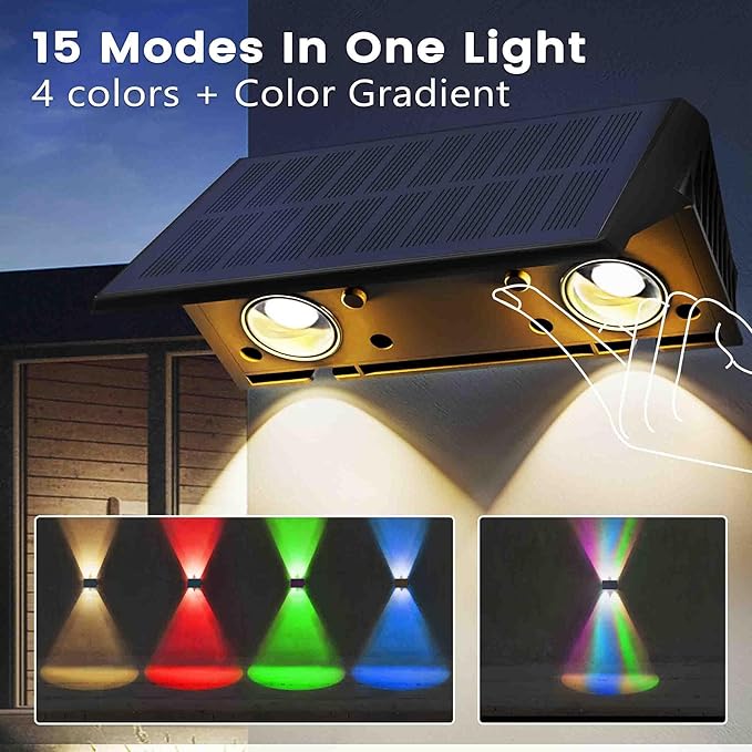 Fence Lights Solar Powered, 12-Pack Solar Fence Lights Up/Down Flexible Buttons, IP67 Waterproof for Outdoor, 120LM Bright, Auto Dusk to Dawn for Wall/Stairs/Yard/Railing/Deck/Pathway (White & RGB)