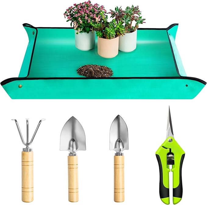 Plant Repotting Mat, 5Pcs Succulent Tools Mini Garden Small Gardening Tools Indoor, Pruning Shear Gardening Scissor, Hand kit for Bonsai, Cactus, Fairy, Houseplant Transplanting, Seedling