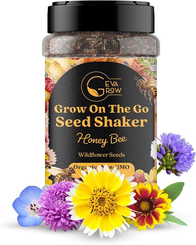 Mini Wildflower Seed Shaker – Honey Bee Wildflower Mix, by GevaGrow | Bulk 90,000+ Seeds | Pollinator Bee Attracting Flower Seeds for Planting in Pots & Outdoor Gardens | No Messy Packets