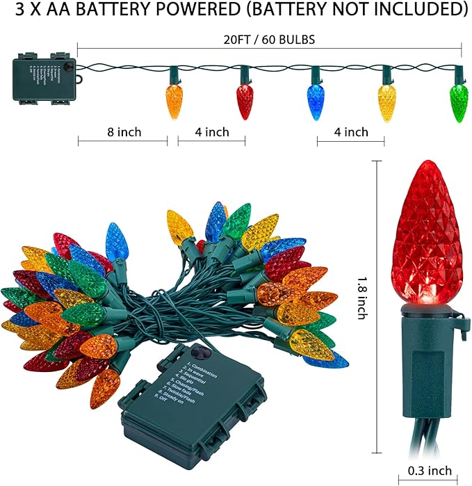 C6 LED Christmas String Lights - 2 Pack 20ft 60LED Battery Operated Strawberry String Lights with Timer and 8 Light Modes for Christmas Trees, Wreaths, Indoor Outdoor Xmas Decor, Multicolor