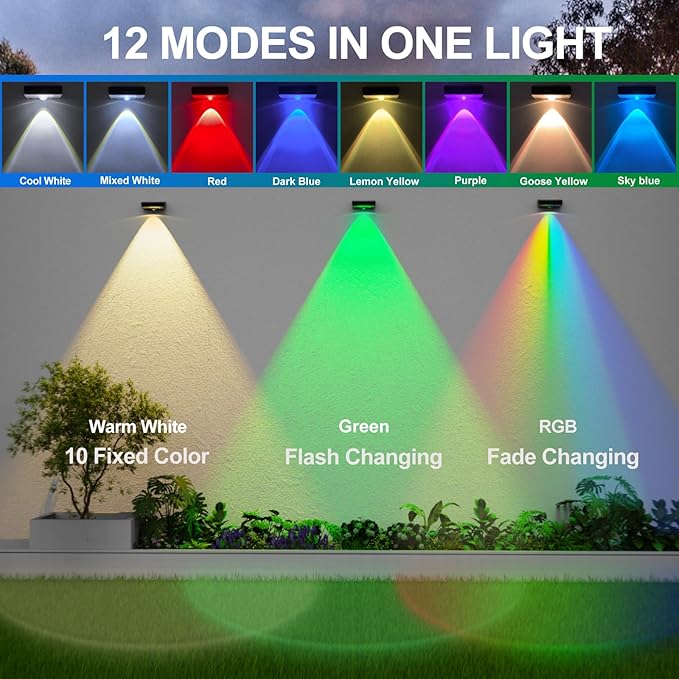 Solar Powered Outdoor Lights Waterproof IP65 Solar Fence Lights Outside Multicolor Led 12 Fixed Colors ＆RGB Color Changing for Pool, Deck, Patio, Porch, Stairs, Holiday Decorations (2)