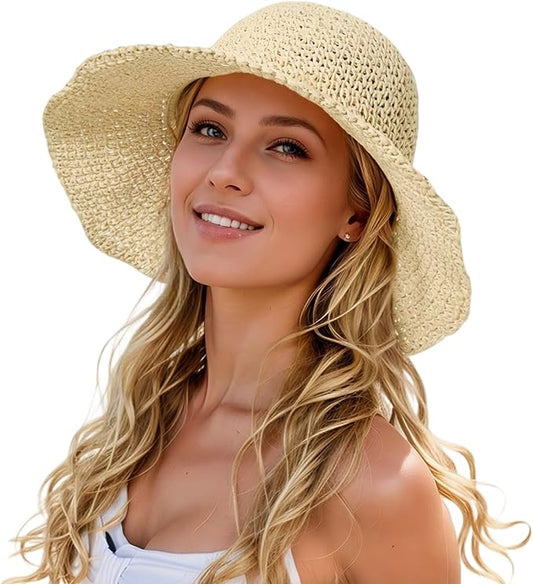 Womens Straw Beach Sun Hats, Foldable Packable Floppy Handmade Crochet Hats for Women,Large Summer Vacation Wide Brim Hat