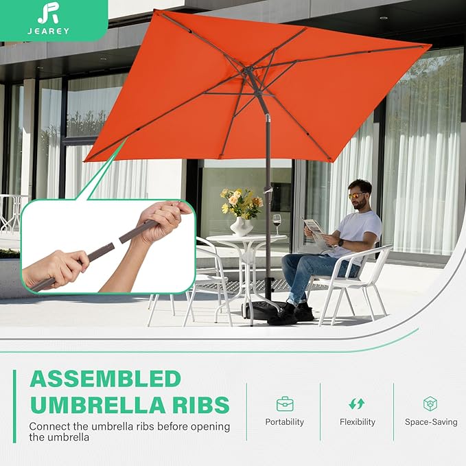 JEAREY 6.5x10 ft Rectangular Patio Umbrellas Outdoor Market Umbrella with Push Button Tilt and Crank, Rectangle Table Umbrella 6 Sturdy Ribs UV Protection for Pool Garden Backyard Deck, Orange
