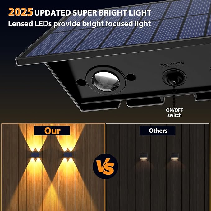 Solar Fence Lights,6Pack Solar Lights Outdoor Warm White + RGB Up & Down Waterproof 100 Lumens Dusk to Dawn for Wall/Backyard/Pool/Railing/Patio/Porch/Step