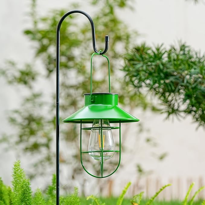 Solar Lights Lantern Lamp with Shepherd Hook, Solar Metal Lanterns, Outdoor Lights Decor,Edison Bulb Lights for Garden ,Outside Decor for Pathways,Patio, Lawn, or Landscaping(Green)