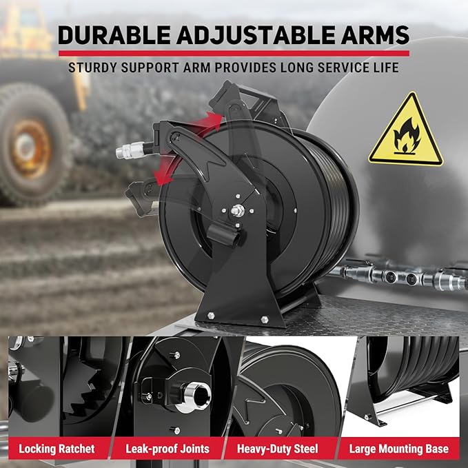 Retractable Fuel Hose Reel 1" x 50' with Fueling Nozzle, 300 PSI Heavy Duty Steel Construction Industrial Auto Swivel Spring Driven Diesel Hose Reel for Aircraft Ship Vehicle Tank Truck, Black