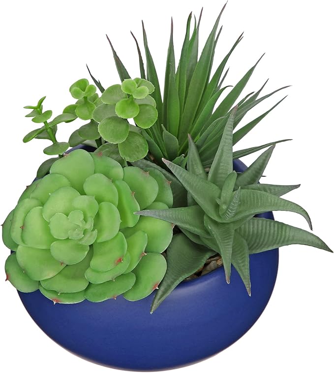 Fake Plants Artificial Succulents in Pots Faux Succulent Arrangement Potted Plant with Blue Ceramic Pot for Home Decor Modern Office Desk Bathroom Shelf Living Room Indoor & Outdoor Decoration