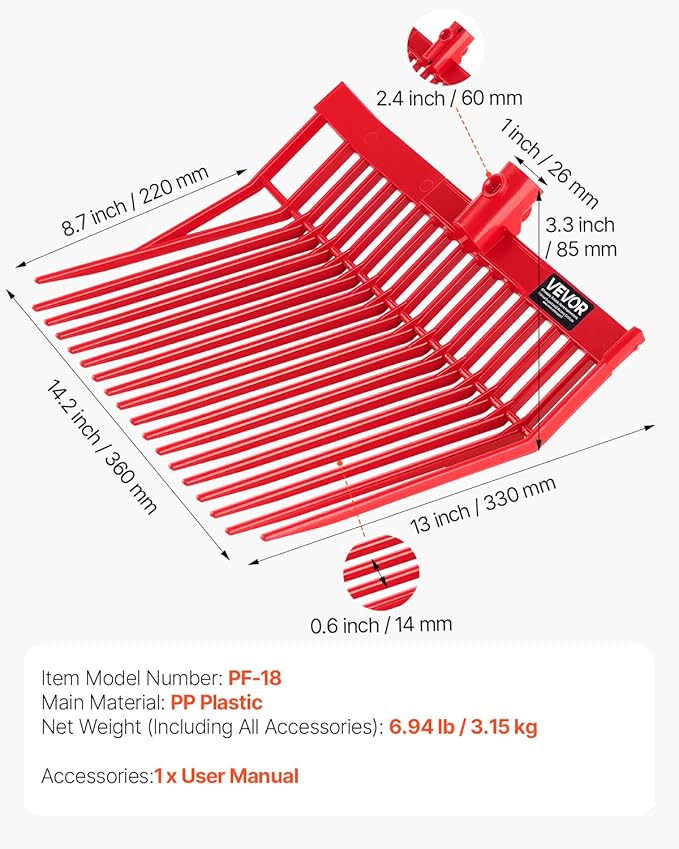 VEVOR 6PCS Manure Fork Replacement Head, 18 Angled Tines Horse Manure Fork Head, Durable Plastic Pitchfork Heads, Horse Mulch Rake for Picking up Stable Stall Muck Grass Hay Cleaning Farm Work