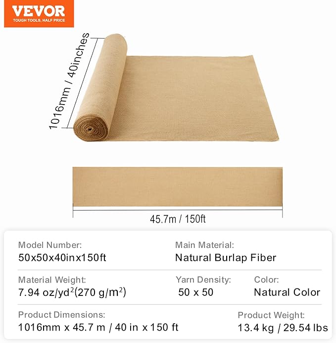 VEVOR Burlap Fabric Roll, 40” x 150 ft High Density Natural Jute Fiber Material for Outdoor Plant Care, Tree Wrap Roll, Decor, DIY Crafts, Wedding, Garden Weed Barrier, Plants & Trees Winter Covering