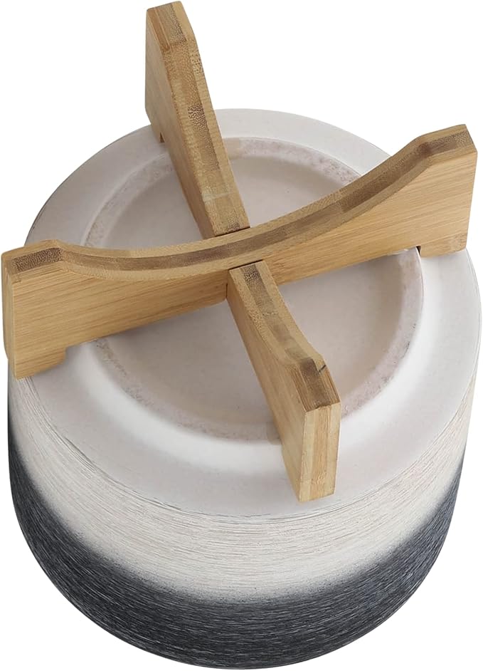 Sagebook Home 8" Planter on Stand - Ceramic Planter on Wooden Base - Contemporary Gray and White Textured Design Indoor or Outdoor Plant Stand Decor