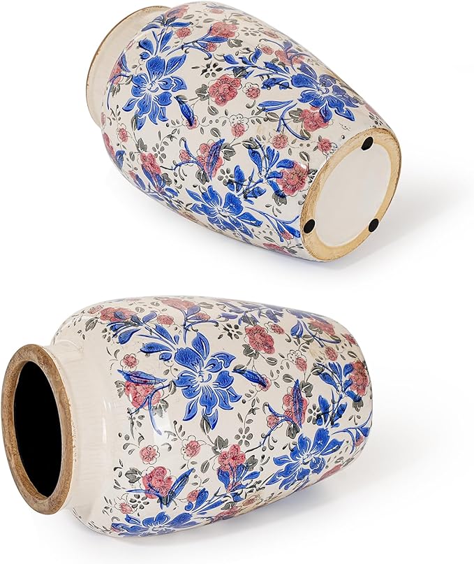 Sungmor Ceramic Flower Vase, Vintage Ice Cracked Glaze Porcelain Vase, Pretty Home Decor Vase for Flower Arrangement, Fresh Flowers, 10.2 Inch Tall Chinoiserie Pottery Vase, Blue Floral Pattern