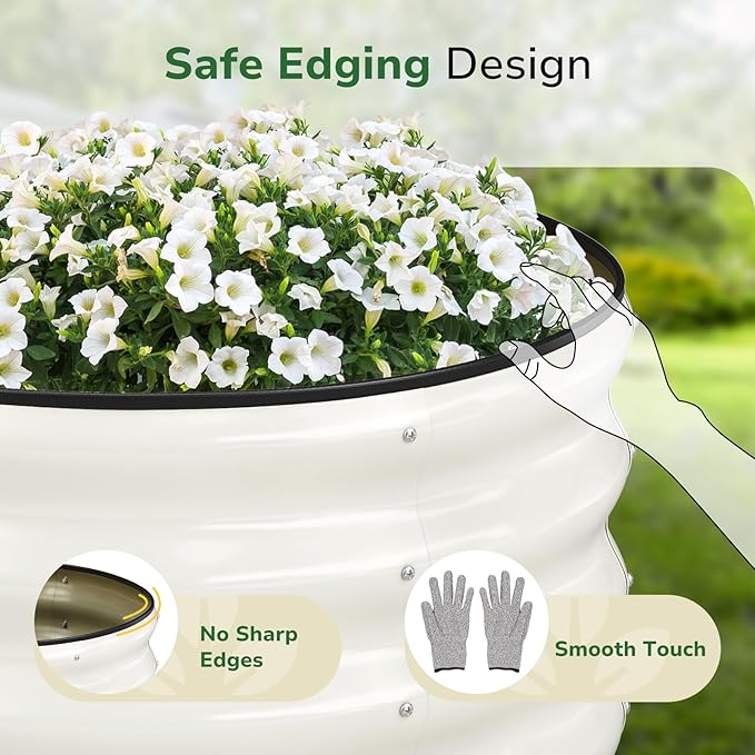 GreatBuddy 2x2x1 ft Round Galvanized Raised Garden Bed, Easy-Assembly Raised Bed with Anti-Cut Gloves & Tools, Rust-Proof Garden Bed for Outdoor, Vegetables, Herbs, Small Trees, White