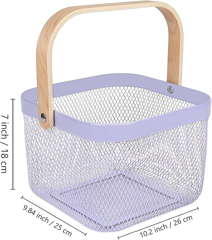 Metal Mesh Steel Basket, Storage Organizer Basket Multi-functional Hanging Kitchen Baskets Fruit Basket Bin with Bamboo Handle for Kitchen Bathroom Picnic Shopping Decor Cabinet Home, Purple
