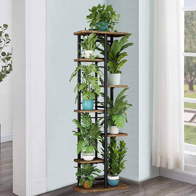 LINZINAR Plant Stand 7 Tier 8 Potted Multiple Flower Pot Holder Shelf Indoor Outdoor Planter Rack Storage Organizer for Patio Garden Corner Balcony Living Room (7 Tier-8 Potted, Black)