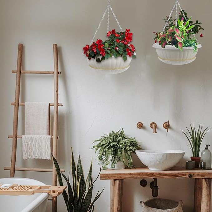 10.63in Hanging Planter Pots for Outdoor and Indoor Plants Flowers with Drainage Hole Tray Hooks Plastic Plant Baskets for Garden Home Porch (White, Pack of 6)