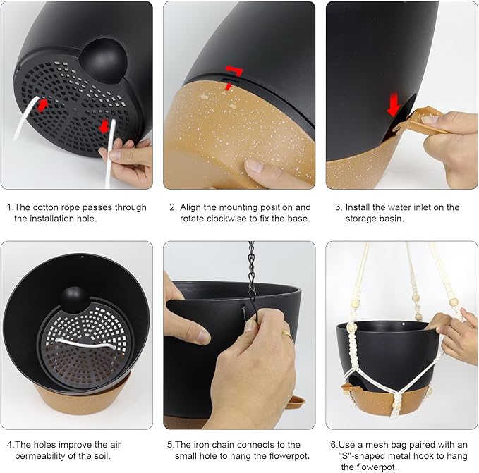 Self Watering Hanging Planters 10 inch, 2 Pack Hanging Flower Pots for Indoor Outdoor Plants, Hanging Baskets with Drainage Holes & 2 Kinds of Plant Hangers for Garden Home Decor, Black Brown