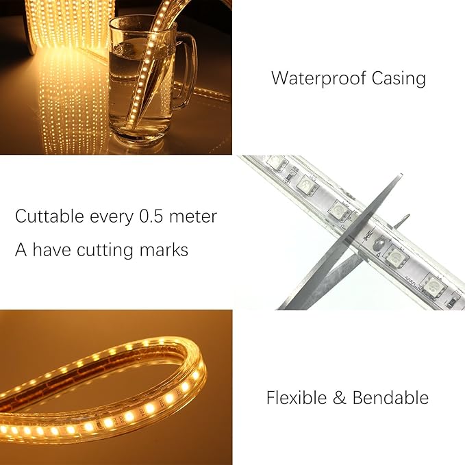 5050-60 Type AC 110-120V LED Strip Lights, Flexible/Waterproof/Dimmable/Multi-Modes LED Rope Light + 23 Keys Remote for Home/Garden/Building Decoration (164ft/50m, Warm White 3500K)