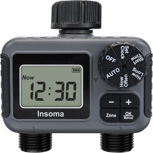 Insoma 2-Zone Sprinkler Timer, Programmable Garden Hose Timer with Auto/Manual/Rain Delay Modes | Water-Saving Irrigation Controller for Lawn, Yard & Drip Systems | Waterproof Design & Easy Setup