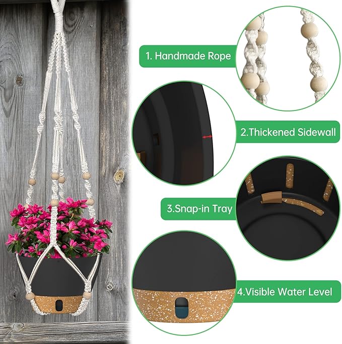 ZMTECH 2 Pack 10 Inch Hanging Planters with Macrame Plant Hanger for Indoor and Outdoor Plants, Self Watering, Drainage Hole, Visible Level Tray, Gray