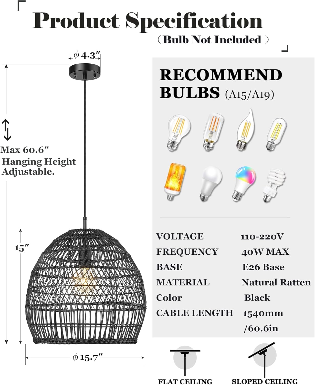 ELYONA 16” Large Rattan Pendant Light, Modern Black Wicker Chandelier, Hand Woven Boho Basket Hanging Light Fixtures for Farmhouse Dining Room Kitchen Island Living Room Bedroom Foyer (40cm*40cm)