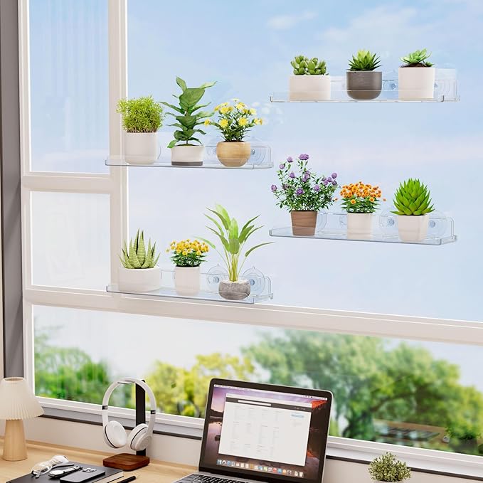 Lifewit Window Plant Floating Shelves 15 inch, 4 Pack Acrylic Suction Cup Shelf, Window Sill Extender for Indoor Succulent Plants, Micro Greens, Seed Starter Pots, Herb Planters