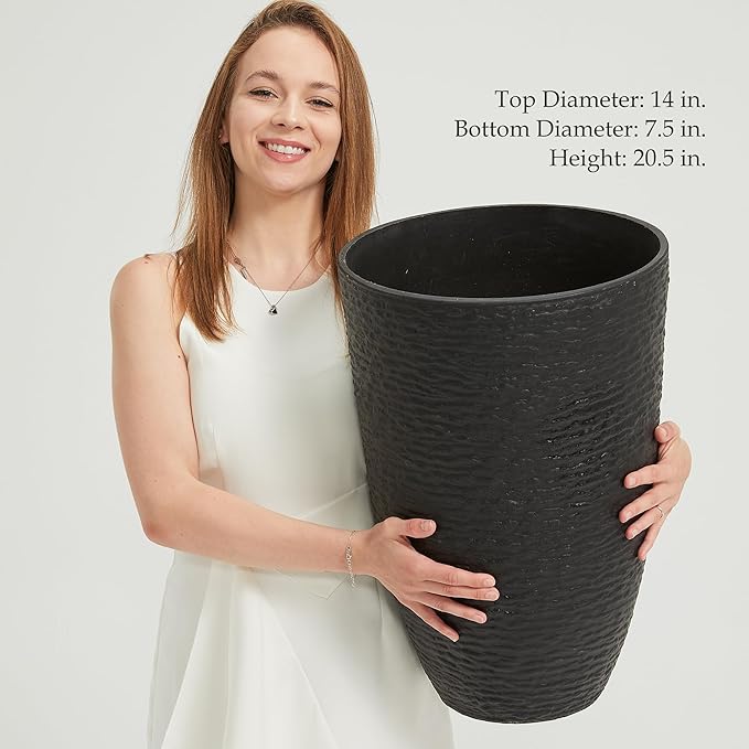 Worth Garden 21" H Tall Planters 2 Pack - 14'' Dia Resin Large Round Black Flower Pots for Outdoor Plants Trees - Imitation Stone Finish Plastic Indoor Front Porch 9 Gallon Decorative Container Patio