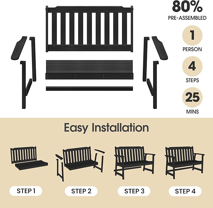 Ciokea 46" Heavy Duty Outdoor Bench Set of 2, HDPE Weatherproof Garden Bench, 2-Person Memorial Benches with 660 Lbs, Waterproof Patio Porch Benches for Outside Business Deck Office Backyard, Black