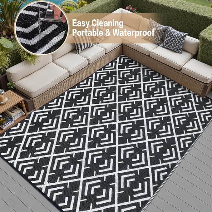 RV Outdoor Rug Waterproof Mat Outdoor Rugs 9'x12' for Patios Clearance Carpet Outdoor Camping Rugs Large Plastic Straw Rug(8x10ft Geometric Black&White)