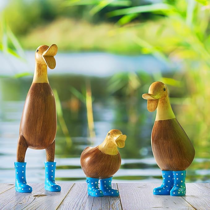 GUTE Duck Yard Decorations Yard Art Garden Puddle Ducks with Blue Spotted Wellies Boots, Set of 3 - Garden Decor Statues, Duck Figurine Statue - Waterproof Indoor & Outdoor Lawn Gnome Ornament