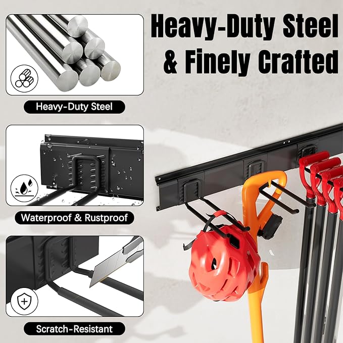 Garage Garden Tool Organizer Wall Mount, Heavy Duty Garage Tool Storage Rack 48 Inches, Max Load 330lb - Shovel, Rake, Folding Chair, Weed Eater Storage