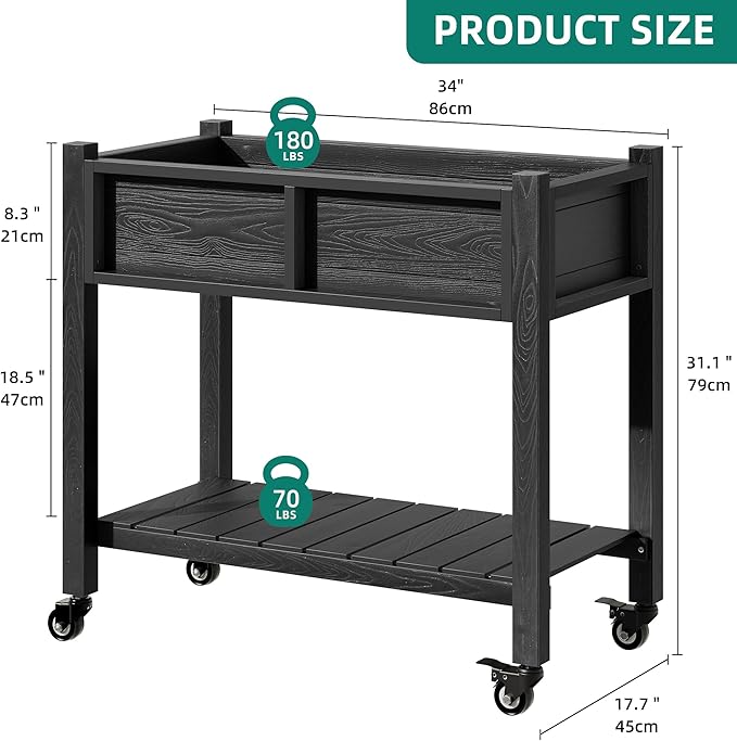 YITAHOME Raised Garden Bed, HIPS Poly Wood Elevated Planter Box with Shelf & Wheels for Mobility, Small Flower Box Stand for Patio Balcony Garden Backyard, Black