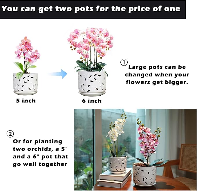 KERUITA Orchid Pots with Holes,6 inch + 5 inch Ceramic Planters Set of 2 with 2 Bottom Tray, Enhanced Drainage and Ventilation,White Flower Pots for Indoor/Outdoor Plants for Repotting