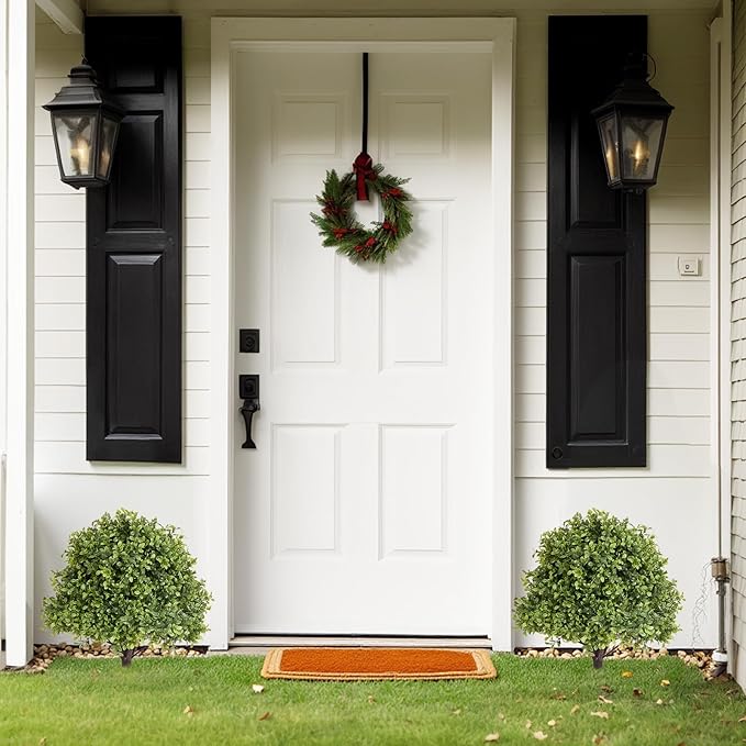 27" Tall Artificial Boxwood Ball Topiary Trees Set of 2, UV Resistant Large Faux Plants Outdoor, 2ft Fake Bushes and Shrubs Look Real with Ground Spike for Front Porch Outside Planter Backyard Decor