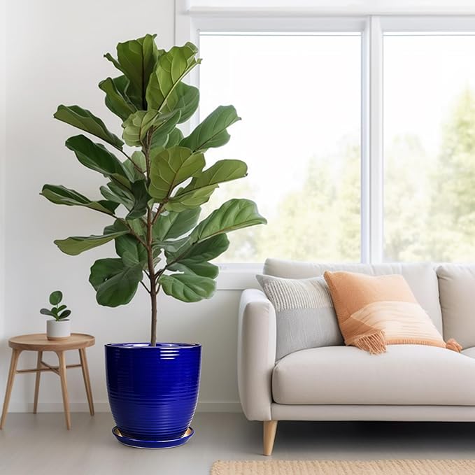 Ceramic Planter Pot - 12 Inch Pot for Plants Large Indoor Plant Pot with Drainage Hole and Saucer Fluted Round Planter for Outdoor Plants Flower Pot for Home Garden Blue