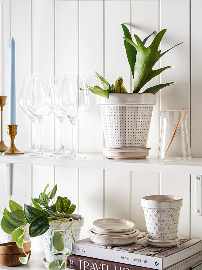 LE TAUCI Ceramic Plant Pots, 6 Inch Flower Pot with Drainage Hole & Saucer, Embossed Planter Pots for Indoor Plant Succulent, Orchid, Cactus, Home Decor - Set of 4, Arctic White