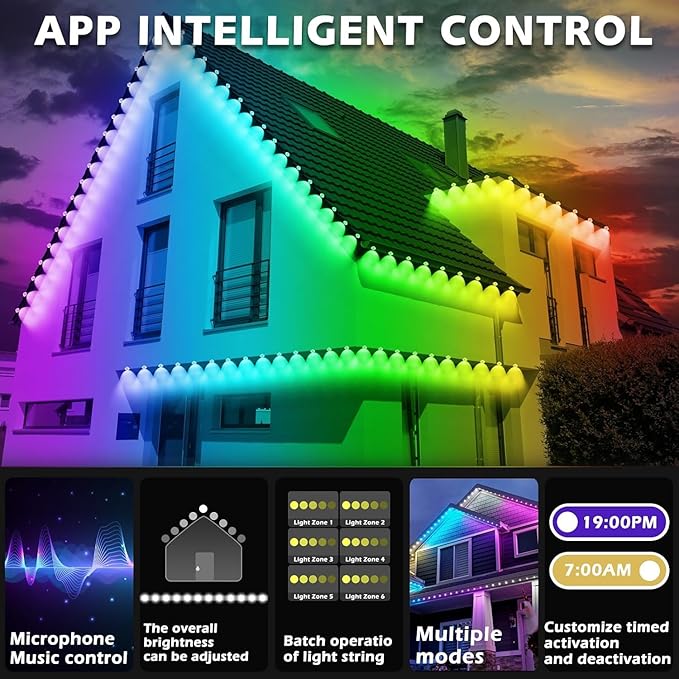 500FT Permanent Outdoor RGB Lights,IP67 Waterproof Smart LED Eaves Lights with App/Remote Control,for Christmas and All Holiday Decor,Daily and Accent Lighting,House Roof and Garden Lighting