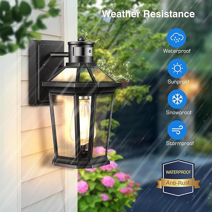 VIANIS Motion Sensor Outdoor Lighting, Outdoor Wall Lights Wall Mount with Clear Glass, Black Dusk to Dawn Garage Light Sconce, Waterproof Exterior Lights for House, Brightness Distance Adjustable