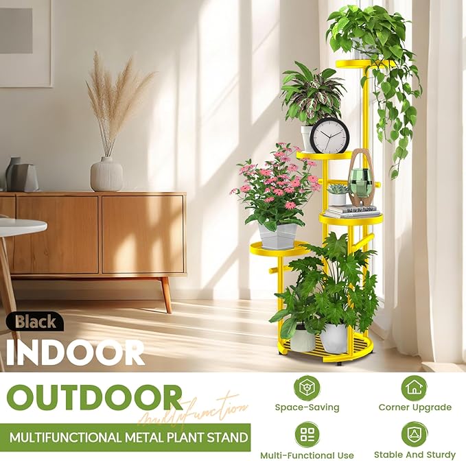 TOSKING 5 Tier Metal Plant Stand Indoor， Plant Shelf, Corner Shelf Flower Pot Stand for Outdoor Plant Stand for Living Room Balcony Garden Patio Bedroom (5Tier-37''-yellow)