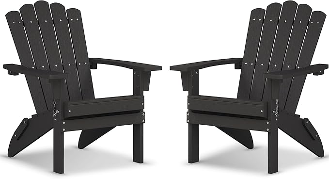 Folding HDPE Adirondack Chair Set of 2, Weather-Resistant Patio Chair with Wide Armrests & High Backrest, Fire Pit Chair for Garden, Backyard, Porch - Black