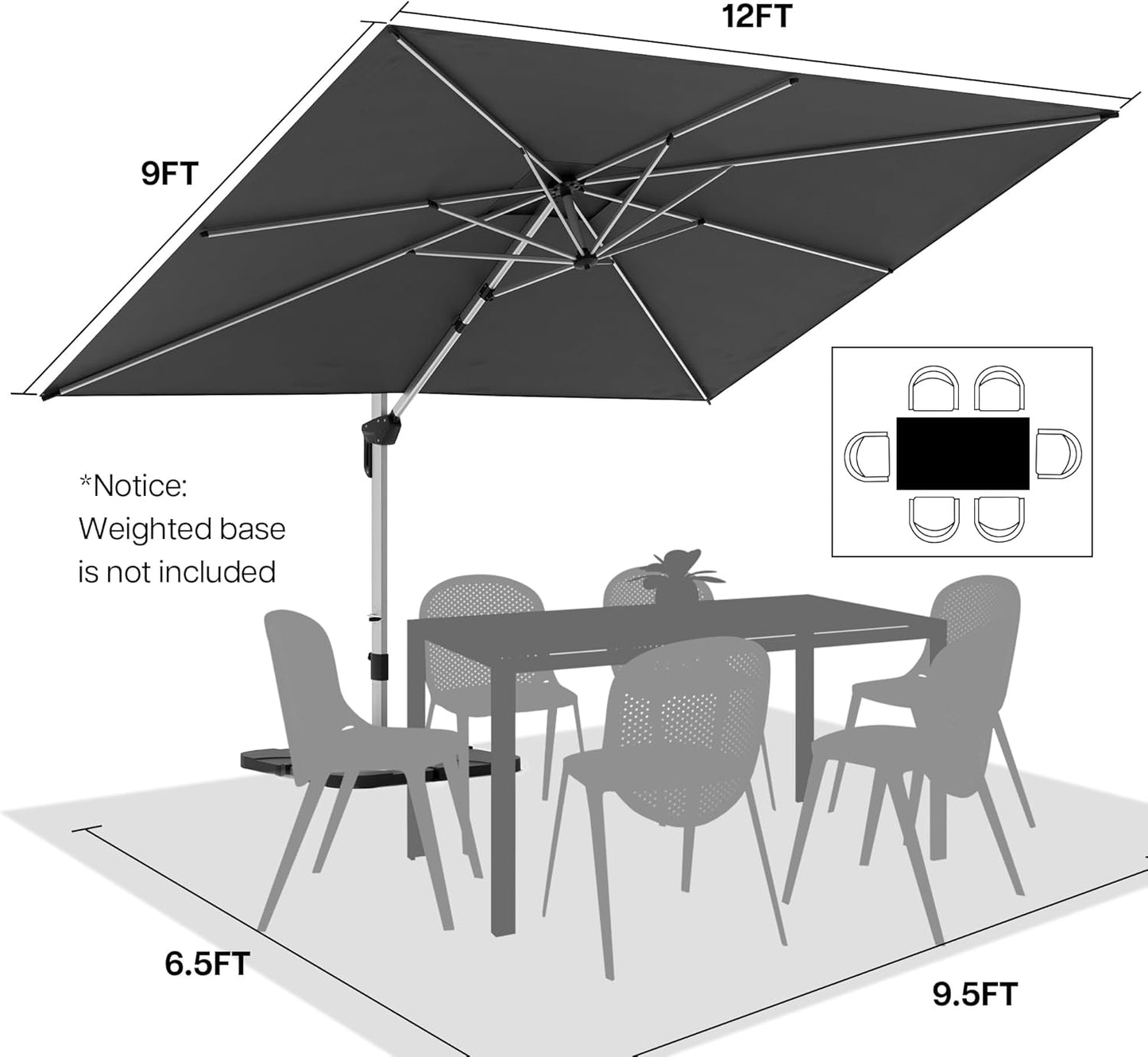 Patio Umbrella, 9' X 12' Outdoor Cantilever Umbrella with 360-degree Rotation for Garden, Deck, Backyard, Pool and Beach, Grey