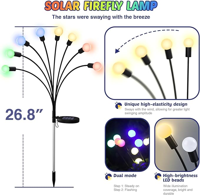 Solar Firefly Lights 2 Pack 16 LED Lights 2 Lighting Modes for Garden,Patio and Yard Solar-Powered LED Lights (Multi-Colored, 2)